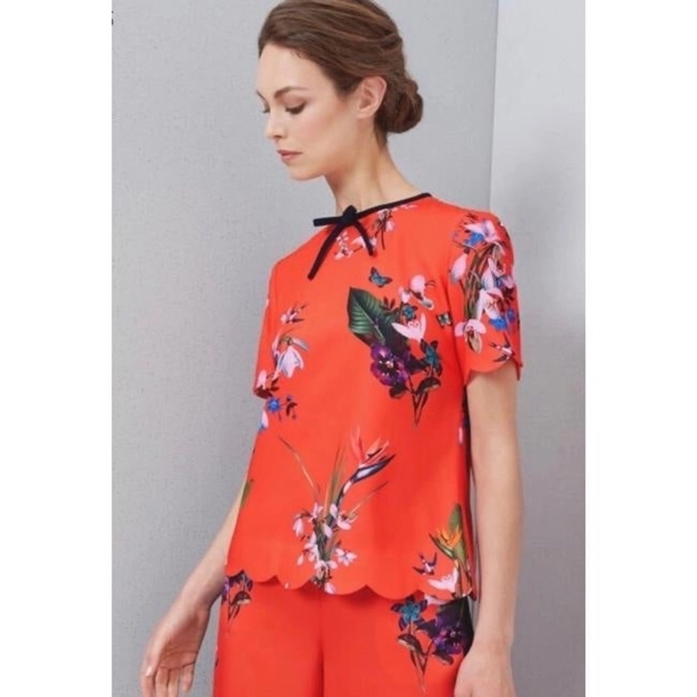 Ted Baker London Orange Floral Top w/ Scallop and Bow Detail